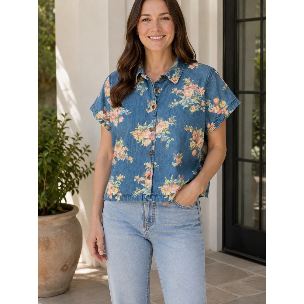 VTG! Villager Sport Floral Denim Button Down Shirt Womens 12 Short Sleeve‎ Boho
